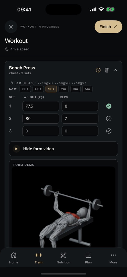 A workout in progress with an animated bench press demonstration