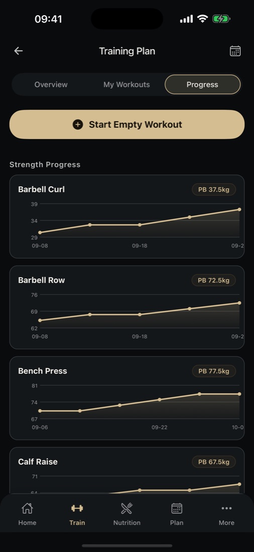 Strength progress charts for several lifts